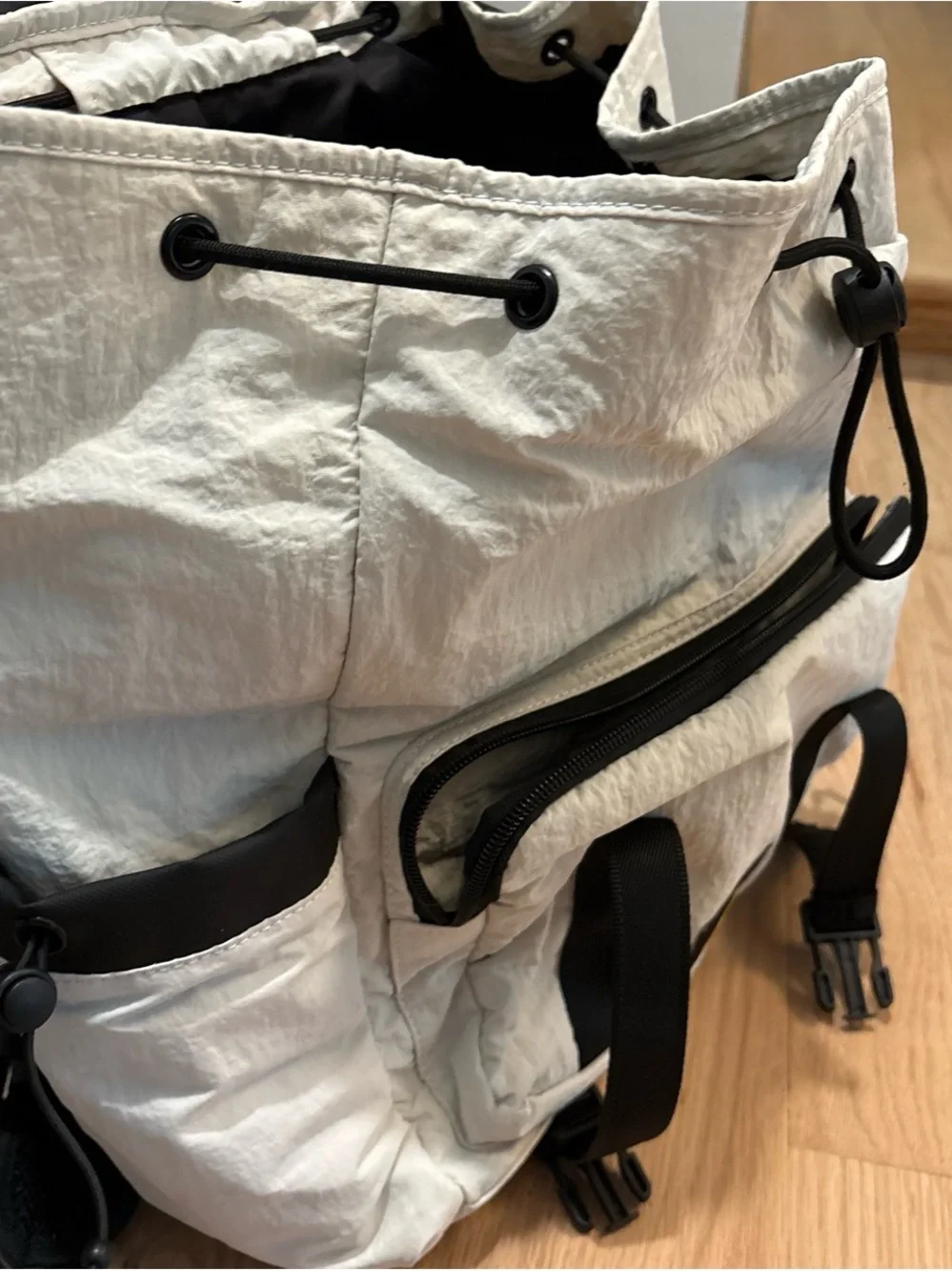 C&C California Cream and Black Roll-Top Backpack with Front Zip Pocket
